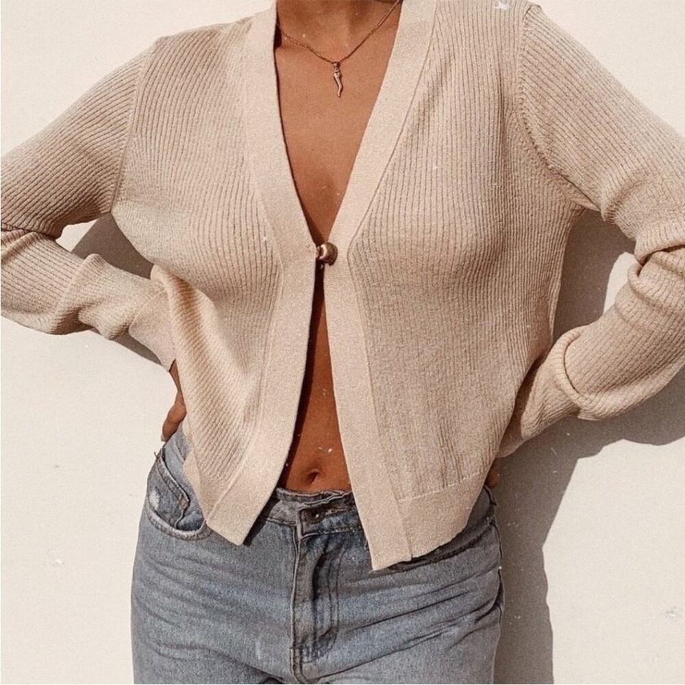 Majorelle Winnee Metallic Ribbed Cardigan Sweater with Seashell Closure